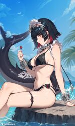  alternate_costume bikini black_bikini black_choker black_hair blue_sky breasts candy choker cleavage closed_mouth colored_inner_hair commentary crossed_legs day ellen_joe feet_out_of_frame female fins fish_tail food helloimtea highres holding holding_candy holding_food holding_lollipop jewelry large_breasts lollipop looking_at_viewer maid_headdress metal_wrist_cuffs mole mole_on_arm mole_under_eye multicolored_hair nail_polish navel outdoors red_eyes red_hair red_nails scar_on_tail shark_girl shark_tail short_hair sidelocks sitting skindentation sky solo stomach swimsuit tail thighlet twitter_username zenless_zone_zero 