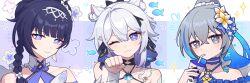  3girls ;3 animal_ear_fluff animal_ears bare_shoulders blue_bow blue_choker blue_eyes blue_hair blue_pupils blunt_bangs blush bow braid bronya_zaychik bronya_zaychik_(herrscher_of_truth) bronya_zaychik_(seaside_vibes) cat_ears chinese_commentary choker collarbone commentary_request criss-cross_halter cup drill_hair flower grey_eyes grey_hair hair_flower hair_intakes hair_ornament hairband hairbow halterneck hand_up head_tilt heart highres holding holding_cup honkai_(series) honkai_impact_3rd kiana_kaslana kiana_kaslana_(herrscher_of_finality) kiana_kaslana_(selenic_ripples) long_hair looking_at_viewer multicolored_hair multiple_girls official_alternate_costume one_eye_closed paw_pose pink_pupils portrait purple_eyes purple_hair qiu_youyou raiden_mei raiden_mei_(crooning_tides) raiden_mei_(herrscher_of_origin) seele_vollerei single_braid smile streaked_hair white_hair white_hairband 