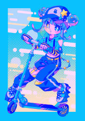  7mizzz absurdres baseball_cap beads belt blue_border blue_eyes blue_hair blue_theme border chewing_gum commentary_request cropped_hoodie double_bun female hair_bun hat heterochromia highres hood hood_down hoodie kick_scooter looking_at_viewer midriff motor_vehicle navel original pants scooter solo yellow_eyes 