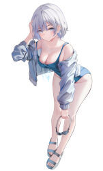  bare_shoulders blue_one-piece_swimsuit breasts cleavage closed_mouth collarbone commentary female full_body goggles grey_eyes grey_footwear grey_hair grey_jacket hand_up highres holding jacket leaning_forward long_sleeves looking_at_viewer medium_breasts off_shoulder one-piece_swimsuit open_clothes open_jacket original puffy_long_sleeves puffy_sleeves ruda_(ruda_e) sandals signature simple_background smile solo standing strap_slip swim_goggles swimsuit swimsuit_under_clothes unworn_goggles white_background 