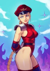  absurdres blonde_hair blue_eyes braid breasts cammy_white cosplay female gloves hat highleg highleg_leotard highres leotard long_hair looking_at_viewer m._bison m._bison_(cosplay) scar solo street_fighter twin_braids watcher_hollow 