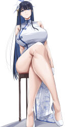  black_hair blue_archive blue_eyes blue_hair breasts china_dress chinese_clothes colored_inner_hair crossed_legs dress female floral_print flower gloves hair_flower hair_ornament halo highres ibara_azuki large_breasts long_hair looking_at_viewer multicolored_hair saori_(blue_archive) sitting solo white_dress white_gloves 