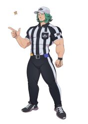  1boy absurdres alternate_costume bara baseball_cap beard belt breast_pocket coin coin_flip facial_hair fire_emblem fire_emblem:_three_houses geckobara green_eyes green_hair hat highres male_focus muscular muscular_male pants pocket referee seteth_(fire_emblem) shirt short_sleeves solo striped_clothes striped_shirt tight_clothes tight_shirt vertical-striped_clothes vertical-striped_shirt whistle 