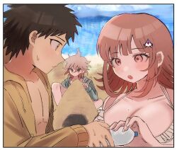  2boys ahoge bare_shoulders bikini blush bottle breasts brown_hair cleavage collarbone danganronpa_(series) danganronpa_2:_goodbye_despair female galaga hinata_hajime holding holding_bottle ikemen&#039;na_ore-shi jacket komaeda_nagito large_breasts mole mole_on_breast multiple_boys nanami_chiaki official_alternate_costume open_clothes open_jacket open_mouth swimsuit 