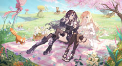  2girls ascot baicongdantui black_ascot black_dress black_hair candy character_cookie choker cup dress final_fantasy final_fantasy_xiv fishnet_thighhighs fishnets flower food gaia_(ff14) goth_fashion grass high_heels highres hyur lace-trimmed_choker lace-trimmed_thighhighs lace_trim moogle multiple_girls off_shoulder picnic_blanket red_panda ryne_waters spriggan_(final_fantasy) teacup thighhighs thighs white_dress 