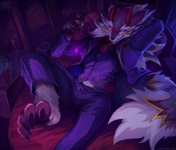  anthro bael_(tas) black_sclera canid canine canis claws clothing demon eyewear glasses glowing glowing_eyes horn jackal lifewonders male mammal necktie nurinaki seductive solo suit toe_claws tokyo_afterschool_summoners 