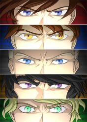  5boys animification black_hair blonde_hair blue_eyes brown_hair cole_(ninjago) column_lineup commentary_request cut-in eye_focus eyebrow_cut green_eyes hair_over_one_eye jay_(ninjago) kai_(ninjago) lloyd_garmadon md5_mismatch mogi49 multiple_boys ninjago parody persona_eyes purple_eyes spoilers the_lego_group white_hair yellow_eyes zane_(ninjago) 