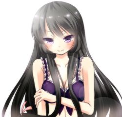  bikini black_hair blush boku_wa_tomodachi_ga_sukunai breasts cleavage commentary_request female long_hair medium_breasts mikazuki_yozora mushi_baibai purple_bikini purple_eyes simple_background solo swimsuit white_background 