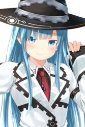  blue_eyes blue_hair blush commentary_request female hair_ornament hat highres long_hair mages. mole mole_under_eye neptune_(series) oekakizuki smile solo 