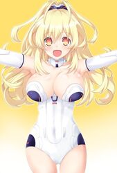  bare_shoulders blonde_hair blush breasts cleavage collar commentary_request covered_navel elbow_gloves female gloves iwashi_dorobou_-r- kami_jigen_game_neptune_v large_breasts leotard long_hair neptune_(series) oerba_yun_fang open_mouth orange_eyes power_symbol power_symbol-shaped_pupils smile solo strapless strapless_leotard symbol-shaped_pupils yellow_heart_(neptunia) 