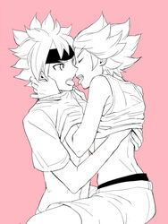  2boys closed_eyes clothes_lift commentary_request french_kiss headband hs2 ibuki_munemasa inazuma_eleven_(series) inazuma_eleven_go inazuma_eleven_go_galaxy kissing male_focus matatagi_hayato monochrome multiple_boys saliva saliva_trail shirt_lift simple_background tongue yaoi 