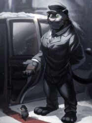  2016 3_toes 4_fingers anthro arctic_shrew barefoot big_feet black_body black_fur black_tie_(suit) bodyguard business_suit cane car chauffeur claws clothed clothing detailed_background disney duo eulipotyphlan feet felid fingers fully_clothed fur green_eyes grey_body grey_fur hand_behind_back hat headgear headwear jaguar limousine long_tail looking_down luxury_car mafia male mammal markings melanistic micro mob_boss mr._big_(zootopia) necktie nviek5 outside pantherine pawpads public_transportation renato_manchas shrew size_difference smile snow spots spotted_body spotted_fur standing suit tail takemoto_arashi toes vehicle vehicle_for_hire walking_stick whiskers white_body white_fur zootopia 