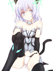  animal_ears bare_shoulders black_gloves black_thighhighs cat_ears cat_girl cat_tail commentary_request cosplay elbow_gloves female frame_arms_girl gloves grey_hair hirschgeweih_antennas kurokawa_(silve) looking_at_viewer materia_(frame_arms_girl) mecha_musume panties purple_eyes purple_hair sanya_v._litvyak sanya_v._litvyak_(cosplay) simple_background sitting smile solo strike_witches tail thighhighs underwear white_background white_panties world_witches_series 