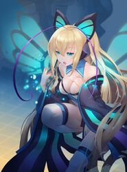  antennae azure_striker_gunvolt bare_shoulders blue_eyes blue_wings butterfly_wings collarbone commentary detached_collar detached_sleeves english_commentary female half-closed_eyes hand_on_own_chest highres insect_wings johnson_zhuang long_hair lumen_(gunvolt) open_mouth solo thighhighs wide_sleeves wings 