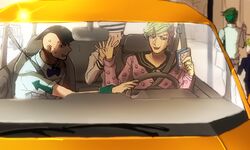  5boys arrow_(symbol) book bow bowtie car car_interior commentary_request diamond_wa_kudakenai dixie_cup_hat green_bow green_bowtie green_hair green_wristband hair_ornament hairclip hat higashikata_jobin higashikata_joshu higashikata_josuke_(jojolion) hirose_koichi jojo_no_kimyou_na_bouken jojolion kishibe_rohan military_hat motor_vehicle multiple_boys nanmai_da nervous open_mouth sailor sailor_collar sailor_hat sailor_shirt scar scar_across_eye scar_on_face seatbelt shirt steering_wheel sweatdrop time_paradox wristband 