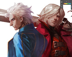  2boys alastor_(sword) blue_eyes brothers commentary_request dante_(devil_may_cry) devil_may_cry_(series) devil_may_cry_3 et.m male_focus multiple_boys photoshop_(medium) siblings sword twins upper_body vergil_(devil_may_cry) weapon white_hair 