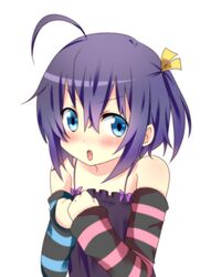  :o ahoge asymmetrical_sleeves blue_eyes blush chuunibyou_demo_koi_ga_shitai! commentary_request female looking_at_viewer mismatched_sleeves mushi_baibai no_eyepatch one_side_up open_mouth purple_hair short_hair simple_background solo striped takanashi_rikka white_background 