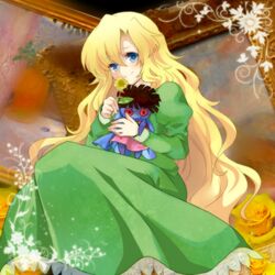  blonde_hair blue_eyes commentary_request dress female flower ib_(kouri) long_hair mary_(ib) mushi_baibai rose smile solo very_long_hair yellow_flower yellow_rose 