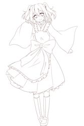  apron bell bow commentary_request female highres jingle_bell line_art long_sleeves monochrome motoori_kosuzu mushi_baibai short_hair smile solo touhou 