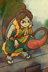  chill_ykon commentary_request female japanese_clothes oogama_(youkai_watch) red_eyes sandals sleeveless smile solo squatting tabi youkai_(youkai_watch) youkai_watch zouri 