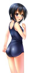  :3 ass bad_id bad_pixiv_id bare_arms bare_shoulders black_eyes black_hair blush cowboy_shot female from_behind from_side hair_between_eyes looking_at_viewer looking_back noshimasa one-piece_swimsuit original school_swimsuit short_hair simple_background solo swimsuit 