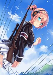  aqua_eyes bad_id bad_pixiv_id cloud day dutch_angle female from_side gun hair_between_eyes headphones highres long_sleeves looking_at_viewer original outdoors pink_hair ponytail power_lines rifle scope sekigan short_hair sky sniper_rifle solo weapon 