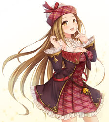  :d bare_shoulders belt black_necktie blonde_hair breasts brown_eyes brown_hair cleavage commentary_request cowboy_shot diola_(granblue_fantasy) dress female finger_to_mouth frilled_sleeves frills gradient_background granblue_fantasy hat index_finger_raised kirifrog large_breasts long_hair long_sleeves md5_mismatch necktie open_mouth photoshop_(medium) plaid short_necktie smile solo white_background wide_sleeves 