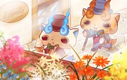  analog_clock bow bowtie brick_wall brothers cane chains chill_ykon clock coin_purse commentary_request english_text flower food hat ice_cream ice_cream_cone komajirou komasan no_humans open_mouth pavement pocket_watch roman_numeral running running_bond siblings soft_serve top_hat watch window youkai_(youkai_watch) youkai_watch youkai_watch_2 