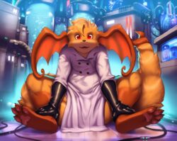  ambiguous_gender anthro bandai_namco biped clothing coat digimon digimon_(species) fluffy fluffy_tail fur generation_1_pokemon gloves hair handwear hi_res hybrid kilver lab_coat looking_at_viewer maxximizer nintendo open_mouth patamon pokemon pokemon_(species) raichamonolith raichu sitting smile solo tail technology thick_thighs topwear 