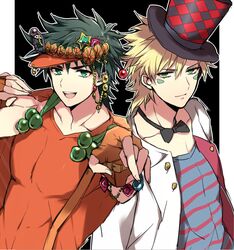  2boys bad_id bad_pixiv_id blonde_hair bow bowtie caesar_anthonio_zeppeli commentary_request fingerless_gloves gloves green_eyes green_hair hair_ornament hat headband jojo_no_kimyou_na_bouken joseph_joestar joseph_joestar_(young) multiple_boys official_alternate_costume top_hat visor yuzuru_(xxelysionxx) 