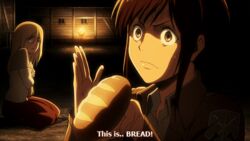  2girls animated animated blonde_hair blue_eyes bread brown_hair christa_renz female food long_hair lowres multiple_girls sasha_braus sasha_browse shingeki_no_kyojin subtitled talking 