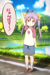  antenna_hair blush blush_stickers commentary_request female full_body hair_ribbon hand_up highres long_hair miyauchi_renge non_non_biyori nyanpassu~ official_style open_mouth outdoors purple_hair raglan_sleeves red_eyes ribbon shorts solo triangle_mouth twintails uz3d 