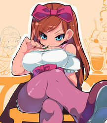  1boy alternate_breast_size bare_shoulders blue_eyes bow breasts cape cleavage commentary_request crossed_legs dragon_quest dragon_quest_x earrings eating eyes_visible_through_hair female food hairband hairbow highres jewelry large_breasts long_hair looking_at_another orange_hair pantyhose photoshop_(medium) pink_cape purple_legwear rizerotta_(dq10) sash sitting solo_focus tsurime zankuro 