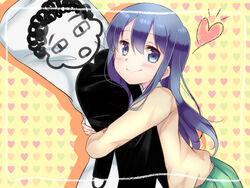  blue_eyes blue_hair blush commentary_request dakimakura_(object) female heart hug long_hair love_lab_(manga) maki_natsuo mushi_baibai pillow school_uniform smile solo 