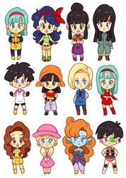  6+girls :o android_18 bandana black_eyes black_hair blue_eyes blue_hair blue_skin boots bra_(dragon_ball) brown_eyes brown_hair bulma_briefs chi-chi_(dragon_ball) chibi coat colored_skin crossed_arms curly_hair dragon_ball dragon_ball_(classic) dragon_ball_gt dragon_ball_z dress duplicate earrings gloves hair_bun hairband hands_on_own_hips hat jewelry knee_boots long_hair lunch_(dragon_ball) lunch_(good)_(dragon_ball) mai_(dragon_ball) marron_(dragon_ball) midriff multiple_girls mushroomcatnumberplate open_mouth orange_hair palace_(dragon_ball) pan_(dragon_ball) pigeon-toed pointy_ears scouter seripa short_hair shorts simple_background single_hair_bun skirt tail tank_top twintails vest videl white_background zangya 