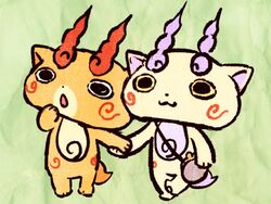  :3 brothers chill_ykon coin_purse commentary_request green_background holding_hands komajirou komasan no_humans open_mouth siblings standing walking youkai_(youkai_watch) youkai_watch youkai_watch_2 