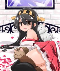  :3 =_= animal bare_shoulders bed bed_sheet black_hair black_thighhighs brown_eyes commentary_request detached_sleeves eyebrows feline female hair_between_eyes hairband haruna_(kancolle) highres kantai_collection long_hair long_sleeves looking_at_viewer lying miniskirt on_bed on_side open_mouth over-kneehighs petals pleated_skirt red_skirt rikuo_(whace) skirt solo straight_hair thighhighs zettai_ryouiki 