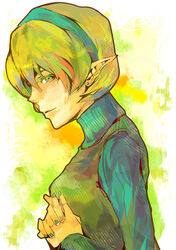  commentary_request earrings female green_eyes green_hair green_hairband green_nails green_shirt hairband jewelry kinogi kokiri long_sleeves nail_polish own_hands_clasped own_hands_together painttool_sai_(medium) pointy_ears profile ribbed_sweater saria_(zelda) shirt smile solo sweater the_legend_of_zelda the_legend_of_zelda:_ocarina_of_time turtleneck turtleneck_sweater 