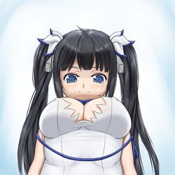  black_hair blue_eyes blue_ribbon breasts cleavage commentary_request dungeon_ni_deai_wo_motomeru_no_wa_machigatteiru_darou_ka female from_below hestia_(danmachi) large_breasts long_hair looking_at_viewer rei_no_himo ribbon solo tenyoshi_(briansept) twintails 