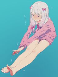  &gt;_&lt; :&lt; ^^^ alphabet_(alphabetnoon) aqua_background bare_legs barefoot bow closed_eyes closed_mouth eromanga_sensei feet female frills full_body grey_hair hairbow highres izumi_sagiri leaning_forward legs_together long_hair long_legs long_sleeves pajamas pink_bow plantar_flexion simple_background solo stretching thighs toes trembling 