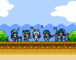  5girls animated animated bass_guitar beamed_eighth_notes black_hair blue_sky cloud commentary_request day drum drum_set duplicate eighth_note electric_guitar emperor_penguin_(kemono_friends) gentoo_penguin_(kemono_friends) guitar hair_over_one_eye headphones humboldt_penguin_(kemono_friends) instrument kemono_friends keyboard_(instrument) long_hair looking_at_viewer md5_mismatch microphone midoribox mountain multicolored_hair multiple_girls music musical_note nature outdoors penguins_performance_project_(kemono_friends) piano pixel_art plant playing_instrument playing_piano rockhopper_penguin_(kemono_friends) royal_penguin_(kemono_friends) scenery sky ugoira_conversion white_legwear 