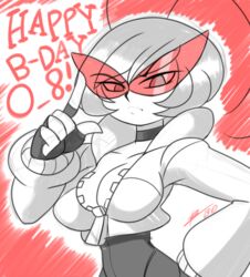  adjusting_eyewear antennae bad_id bad_tumblr_id bigdead black_torch breasts choker cleavage fallout_(black_torch) female fingerless_gloves frown gloves happy_birthday highres jacket kamina_shades large_breasts narrow_waist red-tinted_eyewear salute short_hair solo sunglasses tinted_eyewear very_short_hair 