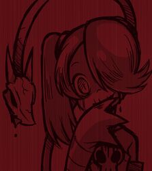  bad_id bad_pixiv_id bare_shoulders female gias-ex-machella hair_over_one_eye leviathan_(skullgirls) monochrome object_through_head red_theme side_ponytail skullgirls sleeves_past_wrists squigly_(skullgirls) stitched_mouth stitches tears twintails zombie 