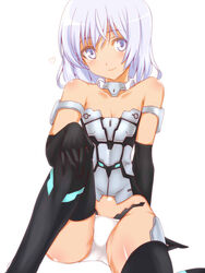  animal_ears bare_shoulders black_gloves black_thighhighs blue_eyes cat_tail commentary_request elbow_gloves female frame_arms_girl gloves kurokawa_(silve) looking_at_viewer materia_(frame_arms_girl) mecha_musume panties silver_hair simple_background sitting smile solo tail tan thighhighs underwear white_background white_panties 