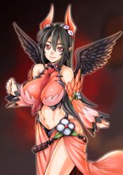  bare_shoulders between_breasts black_hair black_wings breasts bunny_black commentary_request demon_girl detached_sleeves ekate_(bunny_black) feathered_wings female flower hair_flower hair_ornament highres horns large_breasts long_hair midriff necktie necktie_between_breasts pointy_ears red_eyes side_slit smile solo thighs urabe_katsuto wings 