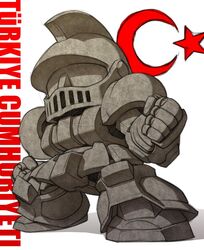  ankara_robot_statue chibi clenched_hand commentary_request crescent mecha mecha_focus no_humans original robot science_fiction shadow star_(symbol) star_and_crescent statue susagane turkish_flag turkish_text 