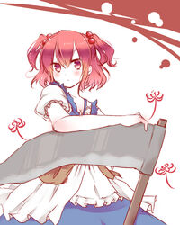  blush commentary_request female flower hair_bobbles hair_ornament looking_at_viewer mushi_baibai onozuka_komachi red_eyes red_hair scythe short_hair simple_background solo touhou 