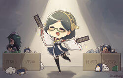  4girls :d =_= abacus bare_shoulders black_hair boots box bucket cape cardboard_box commentary_request detached_sleeves diving_mask diving_mask_on_head failure_penguin glasses goggles goggles_on_head green-framed_eyewear green_hair hairband harunagi hat headgear japanese_clothes kantai_collection kirishima_(kancolle) kiso_(kancolle) maru-yu_(kancolle) miss_cloud multiple_girls nontraditional_miko open_mouth remodel_(kantai_collection) ribbon-trimmed_sleeves ribbon_trim sailor_hat school_uniform serafuku short_hair short_sleeves skirt smile tears thigh_boots thighhighs wide_sleeves |_| 