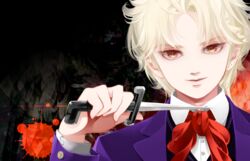  1boy birthmark black_vest blade_to_throat blonde_hair blood blood_splatter bow bowtie buttons collar collared_vest commentary_request dark_background dio_brando ear_birthmark ear_piercing formal holding holding_knife holding_weapon jojo_no_kimyou_na_bouken knife lolicon male_focus mochikin_(jijijin) phantom_blood piercing purple_suit red_bow red_bowtie red_eyes sinister smile solo suit vest weapon 