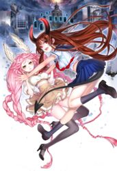  2girls black_legwear braid brown_hair city commentary_request demon_horns demon_tail destruction falling feathered_wings head_wings high-waist_skirt high_heels highres horns kneehighs long_hair looking_at_viewer looking_back multiple_girls original panties pantyshot petticoat pink_hair pleated_skirt red_eyes school_uniform serafuku skirt socks tail thighhighs underwear very_long_hair wings yamanashi_kawanashi yellow_eyes 